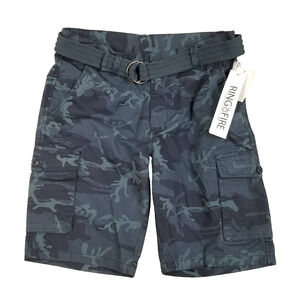 Ring of Fire Cargo Shorts Mens 30 Navy Camo Belted 100% Cotton Summer Outdoor
